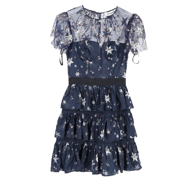 Self Portrait Navy Star Print Dress With Sequins And Ruffles Sz-2 - Picture 1 of 13